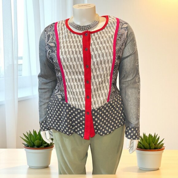 NorthStyle Gray, Ivory, Red & Gold Button Stretchy Cardigan Multi-Pattern 2X - Picture 1 of 12